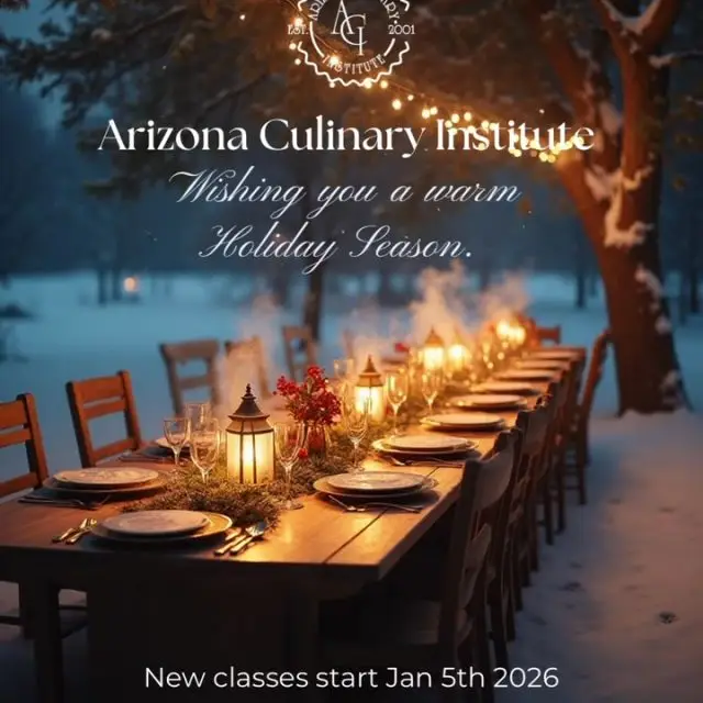 Happy Holidays from all of us at Arizona Culinary Institute 🎄✨

If cooking is part of your joy this season, why not turn it into a career?
🔥 New classes start January 5, 2026
🏫 Tour our campus, step into our kitchens, and start your culinary journey.

The new year is served. 🍽️
📲 Schedule a tour — link in bio

#ArizonaCulinaryInstitute
#CulinarySchool
#CulinaryStudents
#FutureChef
#ChefLife
#HospitalityCareers
#CulinaryArts
#ScottsdaleAZ
#ArizonaLife
#CookingSchool
#FoodCareers
#CareerChange
#NewYearNewCareer
#ChefTraining