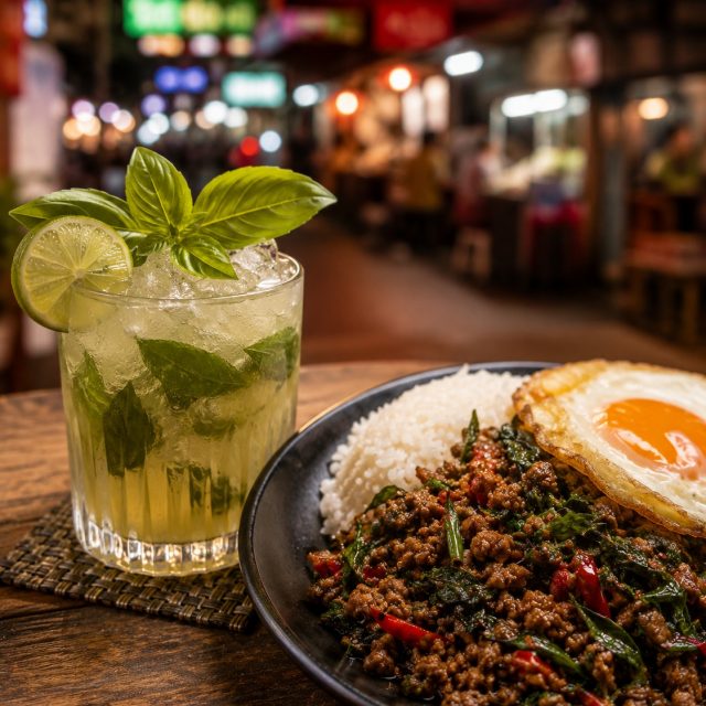 Drink: Thai Basil Smash
Dish: Pad Kra Pao (Thai Basil Beef)
Bangkok is loud, vibrant, and full of unforgettable flavors. A Thai Basil Smash blends gin, lime, fresh basil, and a touch of simple syrup into something bright and refreshing. Alongside spicy Pad Kra Pao—savory beef, holy basil, garlic, and chilies served over jasmine rice—it's a pairing that's bold from the very first bite. 🌿🔥
#Bangkok #ThaiFood #ThaiBasilSmash #PadKraPao #ArizonaCulinaryInstitute #FridayFlavors