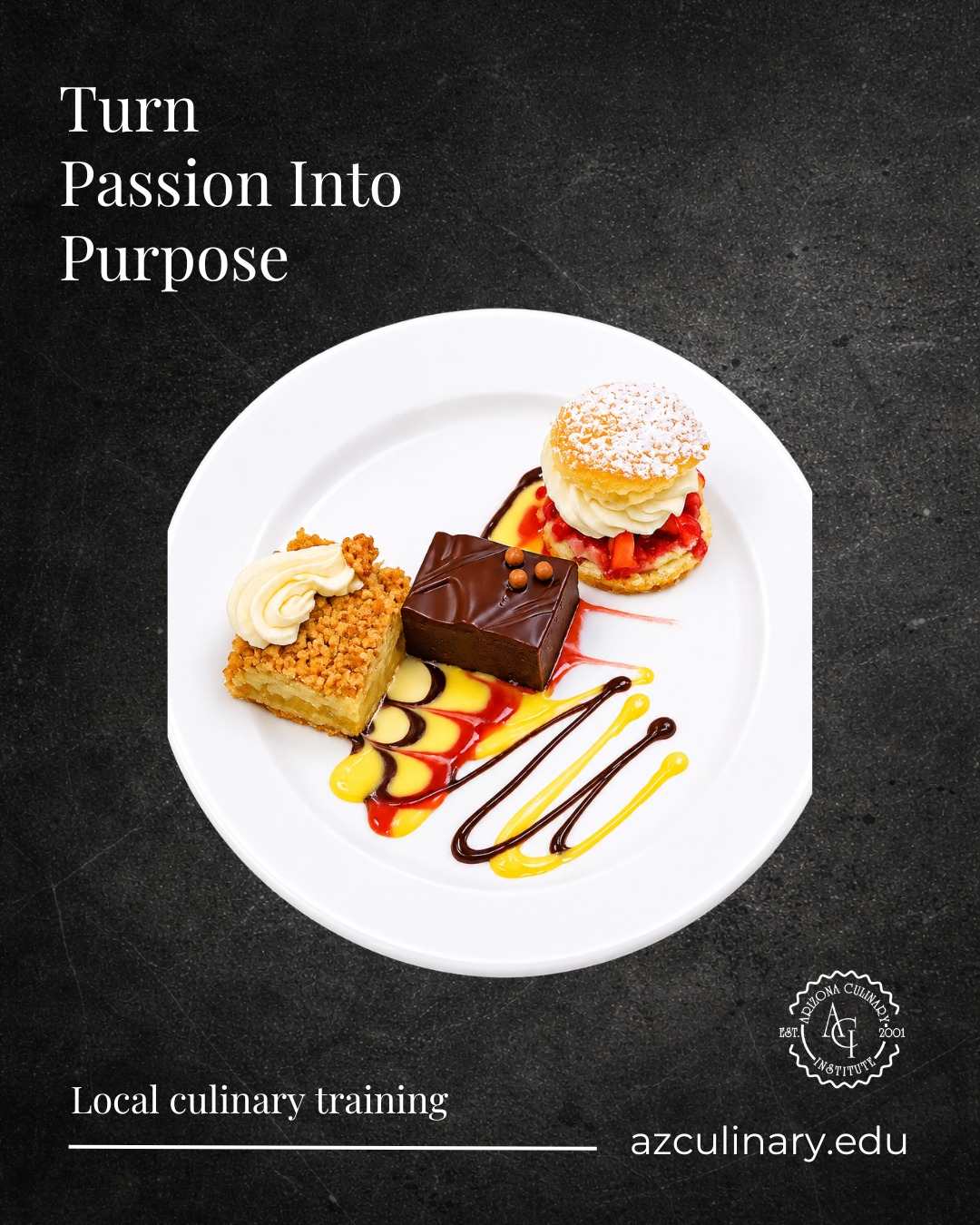 Passion is where it begins. Skill is what you build from it.

From rich chocolate and fresh fruit to carefully finished pastry and creative sauce work, every part of a dessert plate requires technique, patience, and attention to detail. At Arizona Culinary Institute, students receive hands-on training that helps them turn their love of baking and cooking into practical experience.

Ready to give your passion a purpose? Classes begin August 31. Schedule a tour and explore the kitchens at ACI.

https://www.azculinary.edu/apply-online/schedule-a-tour/

#ArizonaCulinaryInstitute #BakingAndPastry #PastryArts #DessertPlating #CulinaryArts #HandsOnTraining #FuturePastryChef #CulinarySchool #PastryStudents #ScottsdaleArizona #ExploreACI #ScheduleATour