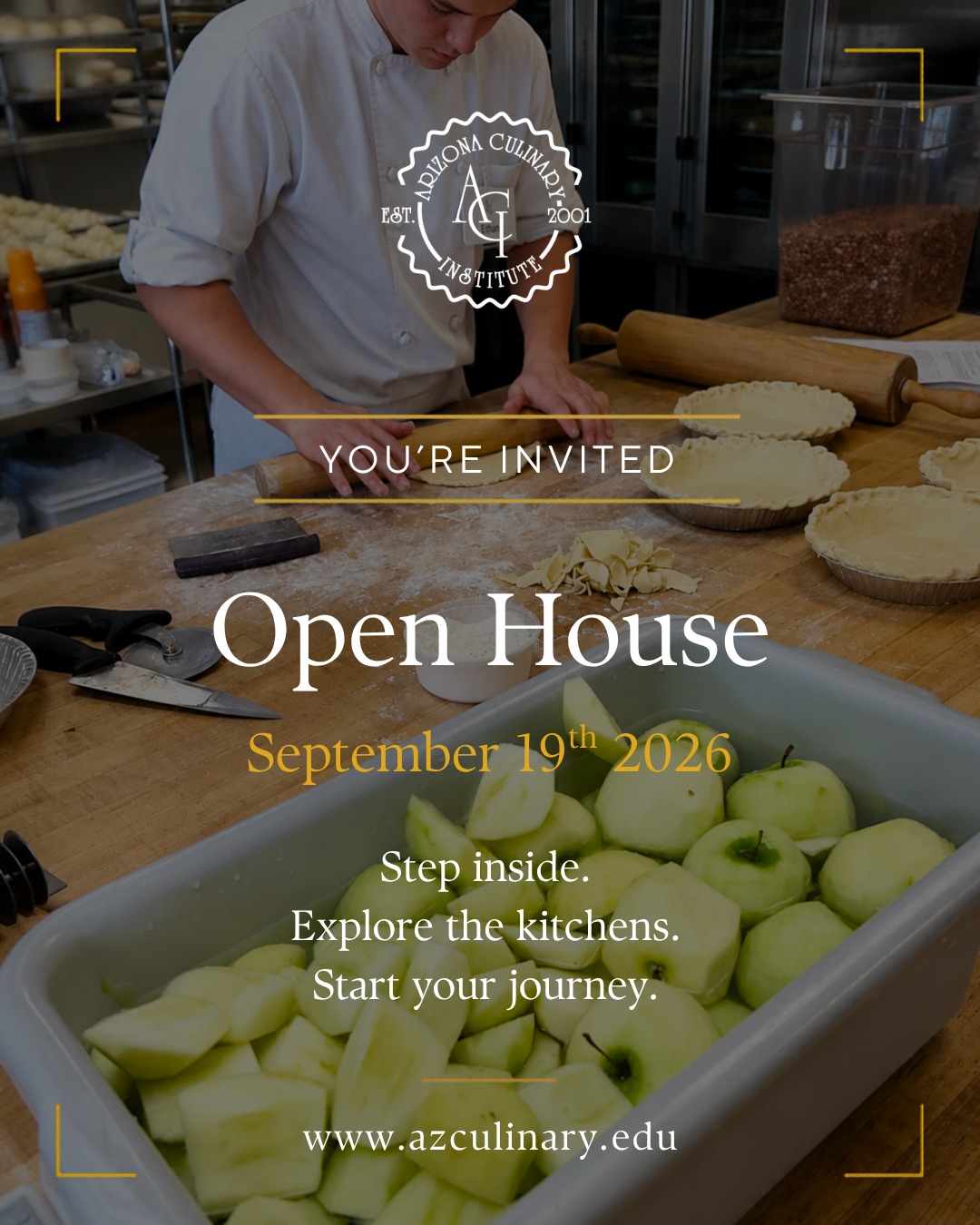 Step inside Arizona Culinary Institute and see where your culinary journey could begin.

Explore our professional kitchens, meet our chef-instructors, and learn more about hands-on culinary training at ACI.

Saturday, September 19, 2026
9:00 a.m. to 12:00 p.m.
10585 N 114th St, Scottsdale, AZ

Admission is free. Reserve your spot today:

https://lp.constantcontactpages.com/ev/reg/qkk8nc2

Learn more at azculinary.edu

#ArizonaCulinaryInstitute #ACIOpenHouse #CulinarySchool #ScottsdaleAZ #CulinaryArts #FutureChef #ChefTraining #ExploreACI