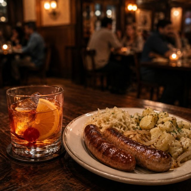 Milwaukee, Wisconsin
Drink: Wisconsin Brandy Old Fashioned
Dish: Bratwurst with sauerkraut and warm potato salad

Milwaukee knows how to make Friday feel generous. A Wisconsin brandy old fashioned brings mellow fruit, bitters, bright orange, and a lively splash of soda. Beside it, browned bratwurst arrives with saut&eacute;ed onions, sharp sauerkraut, and warm mustard-dressed potatoes. The drink&rsquo;s sweetness rounds the sausage&rsquo;s savory edges; citrus and bubbles reset the palate for the next bite. Settle into the booth, let the supper-club glow do its work, and raise a glass to a pairing built for lingering. 🥃

#BrandyOldFashioned #MilwaukeeEats #WisconsinSupperClub #Bratwurst #FridayNightPairing #ArizonaCulinaryInstitute
