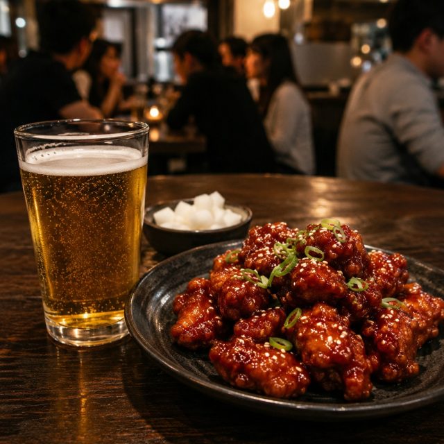 Seoul, South Korea
Drink: Somaek
Dish: Dakgangjeong

Friday night in Seoul comes with a little sparkle and plenty of crunch. Somaek&mdash;soju mixed with crisp lager&mdash;lands light, brisk, and refreshingly direct. Dakgangjeong brings the counterpoint: crackling fried chicken glazed in a glossy sweet-spicy sauce, finished with sesame and scallion. The drink&rsquo;s clean carbonation sweeps through the sticky lacquer and heat, sending you straight back for another bite. Add cool pickled radish between rounds, pull your chair closer, and let the table get loud. 🍗✨

#Somaek #Dakgangjeong #SeoulEats #KoreanFriedChicken #FridayNightPairing #ArizonaCulinaryInstitute