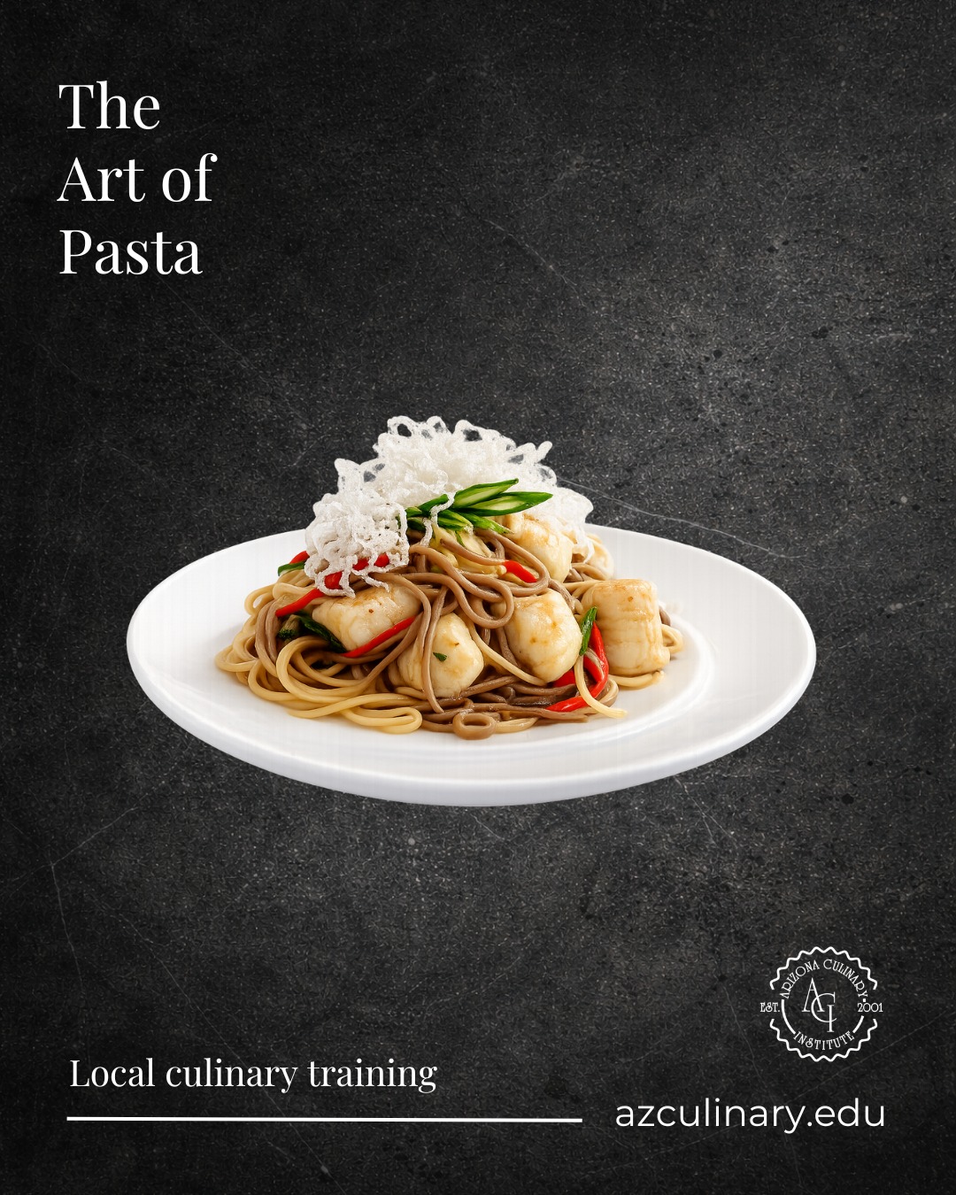 Pasta becomes an art when technique and presentation come together.

This dish features pasta with seared scallops, colorful vegetables, fresh greens, and a delicate crisp garnish. Every element contributes flavor, texture, and visual appeal.

Interested in developing your culinary skills? Classes at Arizona Culinary Institute start October 26.

Schedule a tour today at azculinary.edu.

#ArizonaCulinaryInstitute #CulinarySchool #PastaArt #CulinaryArts #FoodPlating #FutureChef #ScottsdaleArizona #ScheduleATour