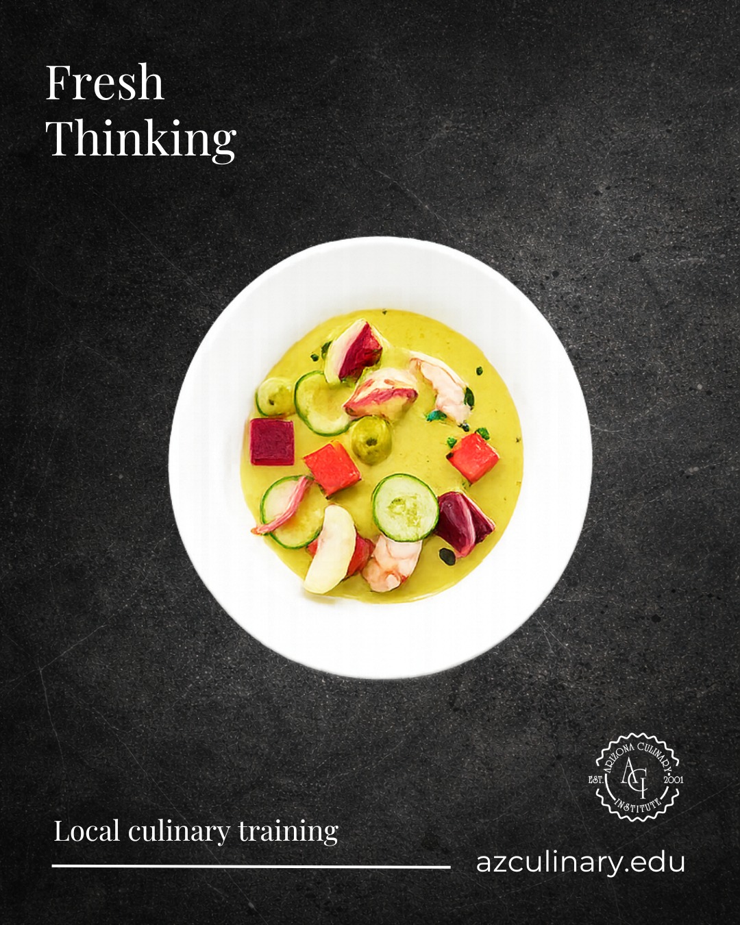 Fresh ingredients. Vibrant color. Creative presentation.

This chilled seafood presentation pairs shrimp with cucumber and colorful produce for a plate that looks as refreshing as it feels.

Turn your creativity into practical culinary skills at Arizona Culinary Institute. Classes start October 26.

Schedule your tour at azculinary.edu.

#ArizonaCulinaryInstitute #CulinaryArts #CulinarySchool #FoodPresentation #CulinaryCreativity #ArizonaEducation #ScheduleATour