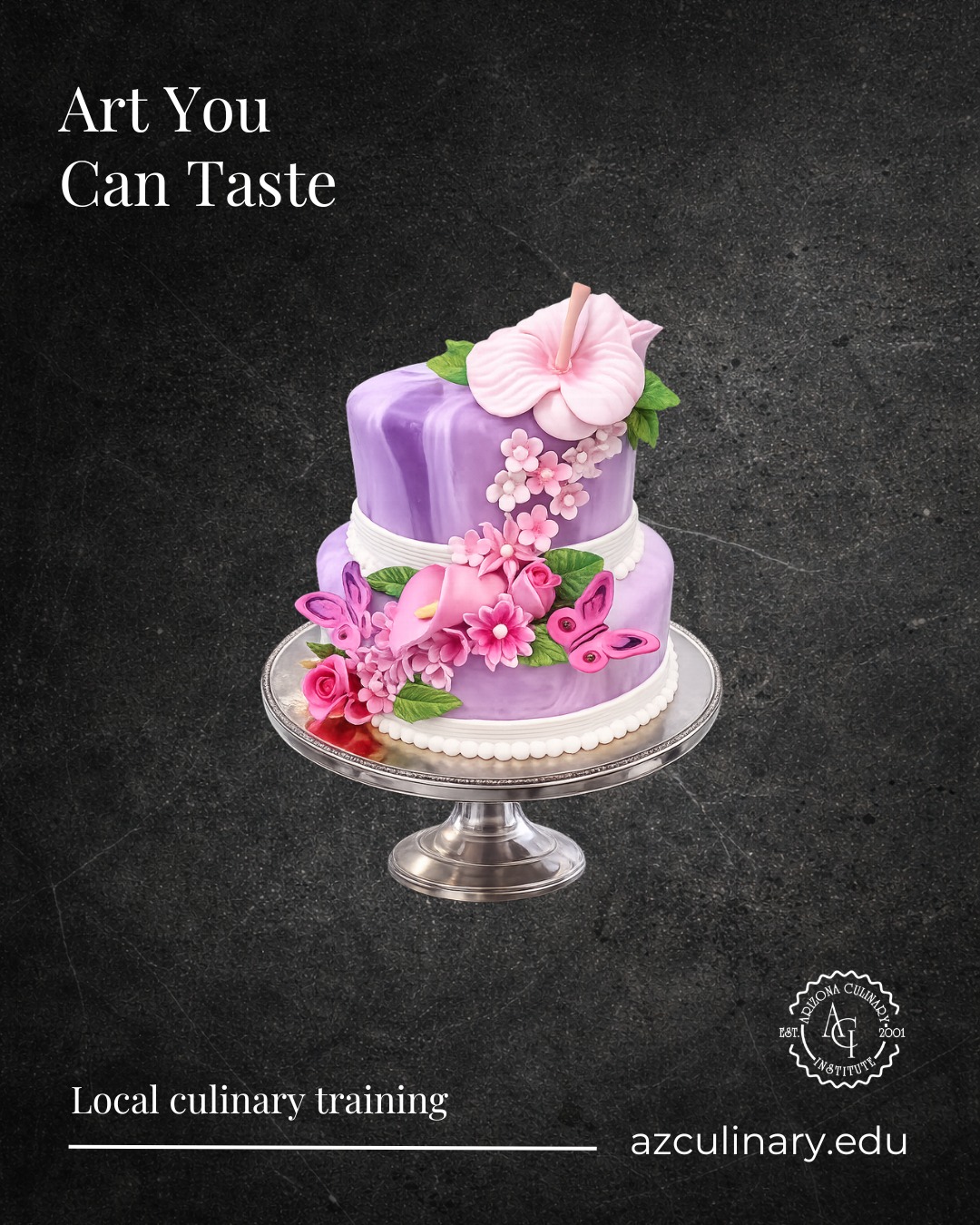 Creativity takes center stage in baking and pastry.

This two-tier celebration cake features a smooth purple finish, delicate floral details, butterflies, and carefully crafted decorative elements. It&rsquo;s edible artistry made to be remembered.

Interested in developing your baking and pastry skills? Classes at Arizona Culinary Institute start October 26.

Schedule your campus tour at azculinary.edu.

#ArizonaCulinaryInstitute #BakingAndPastry #CakeDesign #PastryArts #CulinarySchool #ArizonaBakers #ScheduleATour