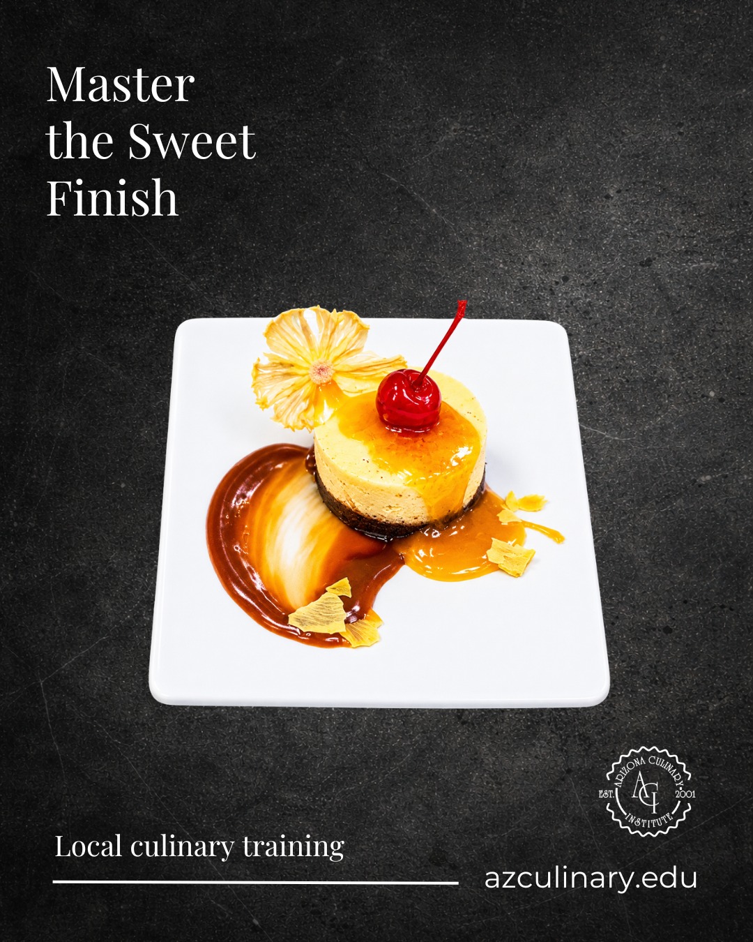 A memorable meal deserves a memorable finish.

This individually plated dessert combines a smooth filling, rich sauces, fruit, and a crisp decorative garnish. It&rsquo;s a beautiful example of how flavor and presentation work together.

Explore culinary and baking education at Arizona Culinary Institute. Classes start October 26.

Schedule your campus tour at azculinary.edu.

#ArizonaCulinaryInstitute #BakingAndPastry #PastryArts #PlatedDessert #CulinarySchool #ArizonaCulinary #ScheduleATour