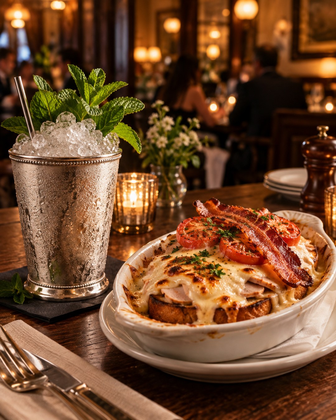 Louisville, Kentucky

Drink: Mint Julep
Dish pairing: Louisville Hot Brown

Friday night in Louisville arrives over crushed ice. A Mint Julep brings cool mint, bourbon warmth, and a touch of sweetness beside the city&rsquo;s beloved Hot Brown: roast turkey and toast under bubbling Mornay, finished with crisp bacon and roasted tomato. Bourbon&rsquo;s caramel notes meet the browned cheese and smoky bacon, while mint and ice refresh the palate after every rich forkful. Settle into the glow, let the sauce run to the edges, and take your time. Some pairings whisper. This one knows how to make an entrance. 🥃✨

AI image disclosure: This image was created with AI for our Friday global culinary series, which explores food traditions from around the world and celebrates connection across cultures and communities. Arizona Culinary Institute does not use AI-generated images to represent or promote our students, classes, facilities, or school programs.

 #LouisvilleEats #MintJulep #HotBrown #KentuckyCuisine #FridayNightPairing #ArizonaCulinaryInstitute