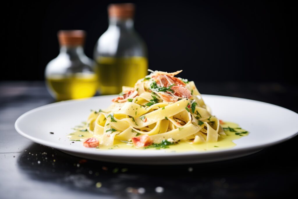 side view of fettuccine alfredo with olive oil drizzle, created with generative ai