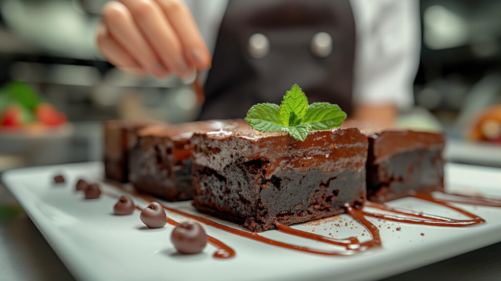 Female pastry chef decorates moist chocolate brownie with mint close-up