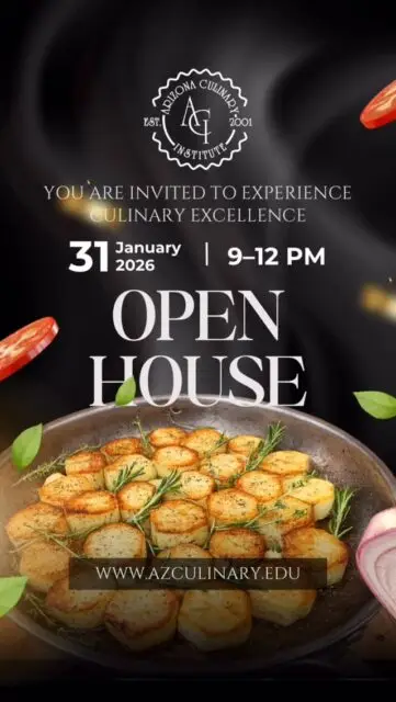 Kick off 2026 in the right direction. 👨‍🍳✨
If you’re craving a fresh start, this is your sign.

Culinary arts isn’t a trend.
People will always eat.
And the opportunities? Endless. 
From professional kitchens and baking to hospitality, entrepreneurship, food media, and beyond, this industry lets you build a career that actually grows with you.

🍽️ Arizona Culinary Institute Open House
📅 Saturday, January 31, 2026
⏰ 9:00 AM – 12:00 PM

Tour the campus.
See the kitchens.
Meet the chefs.
Picture yourself here.

Start the year doing something bold, and build a future that lasts.
🔗 www.azculinary.edu

#ArizonaCulinaryInstitute #CulinarySchool #OpenHouse #NewYearNewCareer
#FutureChef