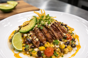 Gourmet Southwestern dish with grilled steak, corn succotash, black beans, and avocado on a white plate in a professional culinary kitchen