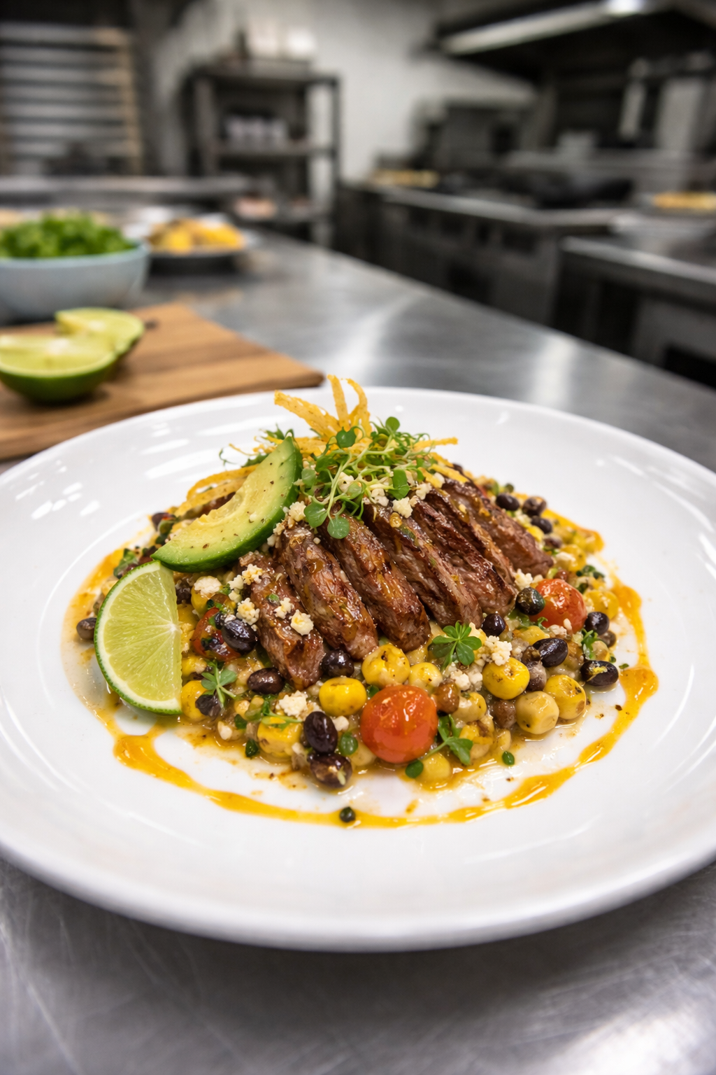 Gourmet Southwestern dish with grilled steak, corn succotash, black beans, and avocado on a white plate in a professional culinary kitchen